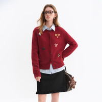 范思蓝恩红色圣诞撞色绣花圆领复古针织衫女冬季2025开衫4107 红色 XS