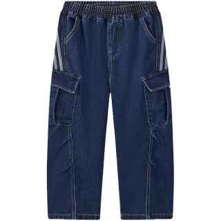 马骑顿 男童25秋街潮学院工装裤侧边大口袋牛仔裤 深牛仔蓝 130