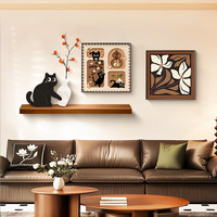 集简季 中古风客厅装饰画柿柿如意猫咪花卉玄关壁画原木风沙发背景墙挂画