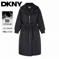 DKNY 90白鸭绒肌理感粗花呢面料时尚腰带长款保暖女士羽绒服25秋冬