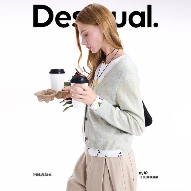 Desigual 25秋冬新品花卉印花假两件V领女士针织开衫