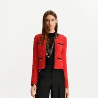 KARL LAGERFELD 秋冬红色撞色花边针织开衫羊毛衫外套老佛爷女装