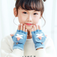 TSFUL儿童冬季保暖手套卡通翻盖露指手套男童女童毛线手套 【雪人】蓝色