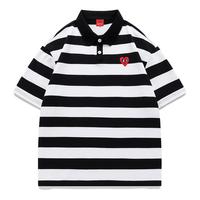 查尔斯桃心 条纹短袖T恤男2025夏季爱心刺绣休闲Polo领上衣服 3XL 白色