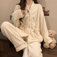 另约珊瑚绒睡衣女秋冬季加绒加厚2025年多巴胺长袖开衫家居服套装 A7107 可爱小猫 杏色 L