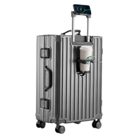 狄斯顿保罗行李箱男女铝框拉杆箱旅行箱登机箱密码箱托运大容量杯架皮箱 深灰色【加厚加硬+后置杯架-旅行包】 24英寸-黄金尺寸-适合返校