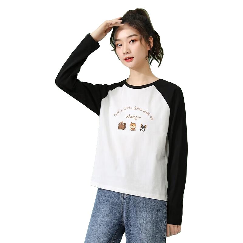 米子旗长袖t恤女纯棉春秋季圆领打底衫2024年宽松慵懒风女装上衣 春秋5697胸前大 黑白色 M 100-110斤