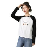 米子旗长袖t恤女纯棉春秋季圆领打底衫2024年宽松慵懒风女装上衣 春秋5697胸前大 黑白色 M 100-110斤