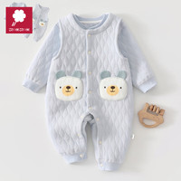 AMI婴儿衣服套装夹棉秋冬装宝宝连体衣儿童背带裤小童冬季女童两件套 对开保暖背带套蓝小熊 66cm 66码