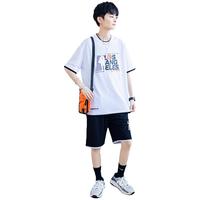 阿尼三青少年冰丝运动套装男孩大童夏季帅气初中高中学生短袖t恤篮球服 01款白色+01款彩蓝(两套装) XL