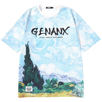 闪电潮牌(GENANX)夏季天空水彩插画字母印花太空棉落肩袖T恤男宽松圆领短袖 浅蓝色 XL