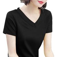 恒源祥纯棉V领女士短袖t恤夏季宽松欧货高端中年妈i妈半袖体恤衫上衣女 純黑色 M 适合95斤内