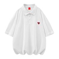 查尔斯桃心短袖POLO衫男女同款爱心logo刺绣纯色简约基础款休闲宽松百搭 XL 白色