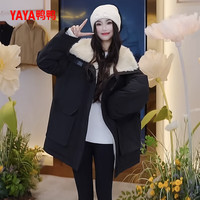 鸭鸭羽绒服女中长款2025年冬季时尚军绿色翻领加绒宽松鸭绒外套SY 军绿色 M