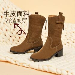 Bata 时装靴女冬季加绒可选英伦西部牛仔靴粗跟中筒骑士靴