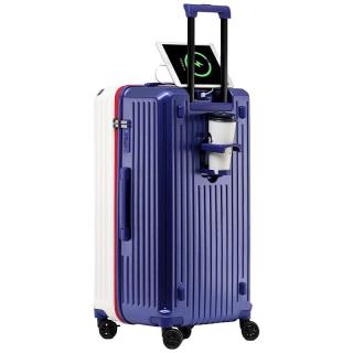 罗恩(Ronoen)多功能行李箱女大容量拉杆箱万向轮加厚旅行箱28密码登机20皮箱子 白拼蓝【升级杯架_充电口_挂钩】 30英寸