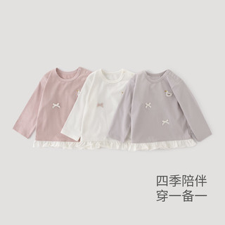巴厘小猪女宝宝T恤春秋季甜美可爱蝴蝶结花边娃娃衫儿童长袖上衣女童秋装 象牙白 90