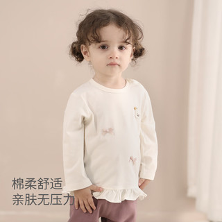 巴厘小猪女宝宝T恤春秋季甜美可爱蝴蝶结花边娃娃衫儿童长袖上衣女童秋装 象牙白 90