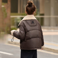 佰蓝娇羊羔毛领拼接PU皮羽绒服女2025冬季小个子高端时尚白鸭绒外套 咖色 S （ 115斤以内）