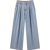 对白慵懒阔腿直筒牛仔裤女2025秋季复古宽松压褶白色拖地长裤 浅牛仔蓝色 26