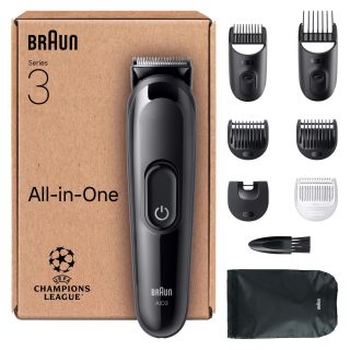 Braun 博朗 多合一系列 3 修剪器,8 合 1 套装,超锋利刀片,14 种长度设置,精确切割胡须和头发,50 分钟电池寿命,简单快速造型,AIO3545,黑色