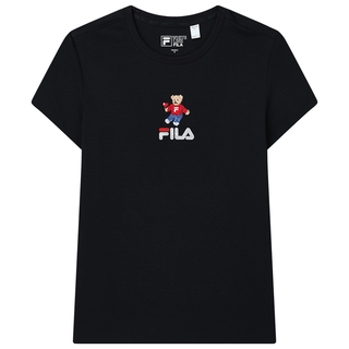 FILA 斐乐 官方女士短袖T恤印花运动女装针织短袖套头衫小熊T刺绣上衣衣服 传奇蓝-NV 155/76A/XS