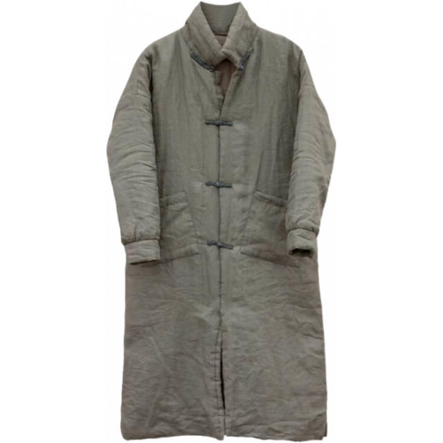 知筆墨 冬款苎麻复古文艺盘扣简洁舒适保暖夹棉加厚棉衣 风长袍女 灰色 均 码