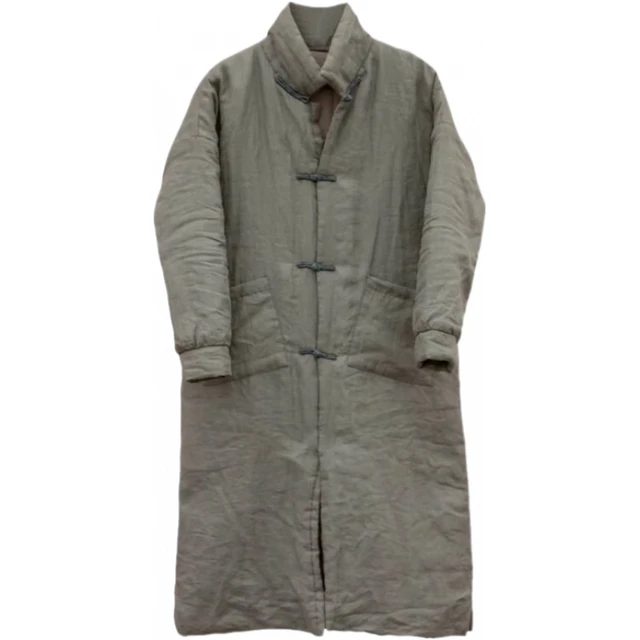 知筆墨冬款苎麻复古文艺盘扣简洁舒适保暖夹棉加厚棉衣 风长袍女 灰色 均 码