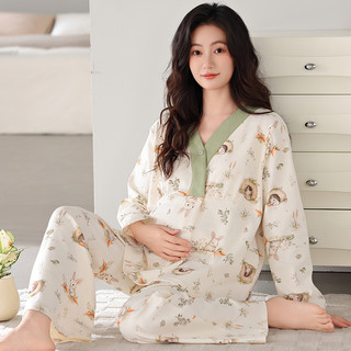 婧麒月子服纯棉全棉吸汗带胸垫秋冬款产后哺乳睡衣喂奶家居服 M