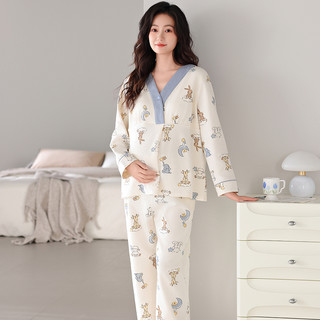 婧麒月子服纯棉全棉吸汗带胸垫秋冬款产后哺乳睡衣喂奶家居服 M