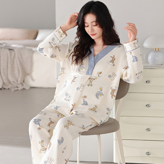 婧麒月子服纯棉全棉吸汗带胸垫秋冬款产后哺乳睡衣喂奶家居服 M