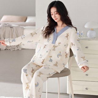 婧麒月子服纯棉全棉吸汗带胸垫秋冬款产后哺乳睡衣喂奶家居服 M