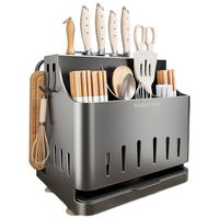 美厨物语厨房刀架刀具收纳架不锈钢菜刀置物架刀架筷笼一体台面台置式 【枪灰三筷筒带砧板】台面款