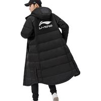 LI-NING 李宁 长款羽绒服男轻薄鸭绒过膝长款御寒保暖防风加厚外套 黑/连帽款/加厚棉服 180/XL