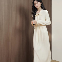 阔色白色针织连衣裙毛衣裙女2025秋冬季黑色长裙子冬裙穿搭 M