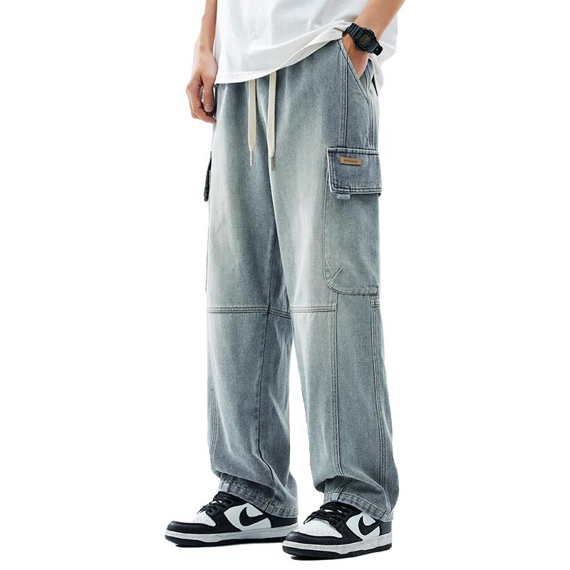我的速度男士牛仔裤夏季直筒抽绳宽松潮牌水洗复古工装高街男裤子 怀旧蓝 L