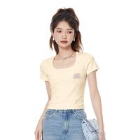 真维斯(JEANSWEST)短袖t恤女士夏季方领辣妹短款上衣服女装休闲ins小个子打底衫 杏色 多彩笑脸_K XL
