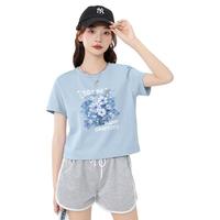 真维斯圆领宽松纯棉短袖t恤女春秋季新款短款小个子休闲t恤长袖上衣服GX 雾霾蓝-浅蓝油画 L 【舒适透气】