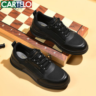 CARTELO 卡帝乐鳄鱼 男鞋秋冬季男士休闲皮鞋时尚运动休闲鞋百搭透气旅游鞋子 黑色