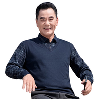 宝财羊假两件长袖t恤男中老年人春秋季中年polo针织衫爸爸装男装上衣服