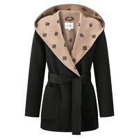 PORTS 宝姿女装秋季撞色百搭LOGO提花连帽羊毛大衣长外套