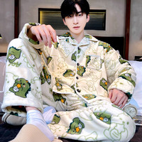 PEANOJEAN睡衣男秋冬季加厚珊瑚绒套装可外穿家居服保暖长袖春秋大码法兰绒 小恐龙维蜜男开衫 L 男L码(105斤-130斤)