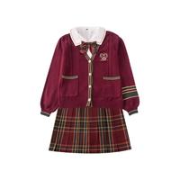 jk制服圣诞服装套装裙子原创秋季红色山楂树格裙小熊毛衣学院风女