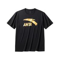 安踏(ANTA)短袖男女同款情侣t恤宽松休闲简约上衣体恤棉针织衫黑色纯色 基础黑-橙子-6 L