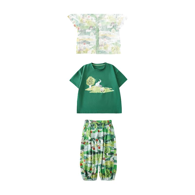 幼悠 大象数码印花翻折V字古巴领宽松半袖衬衫夏季儿童防蚊灯笼裤