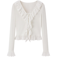 乐町V领法式修身上衣2023秋季内搭针织衫白色温柔毛衣女 白色（) XS