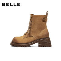 百丽（Belle）张凌赫周雨彤同款小野马擦色工装靴女冬商场短靴E5C1DDD5 黄色-宽版 37