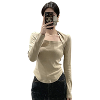 辣妹磨毛方领长袖T恤女装秋冬加厚修身不规则收腰上衣打底衫