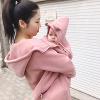 喜雅萌亲子装全套秋冬卫衣袋鼠母子连体衣卫衣袋鼠装抱婴儿衣服 棕粉加绒 L