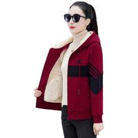 花花公子冬季加绒加厚连帽卫衣女士潮流拼色时尚百搭开衫外套女 LJF-6602酒红/黑色【加绒外套】 2XL130-140斤
